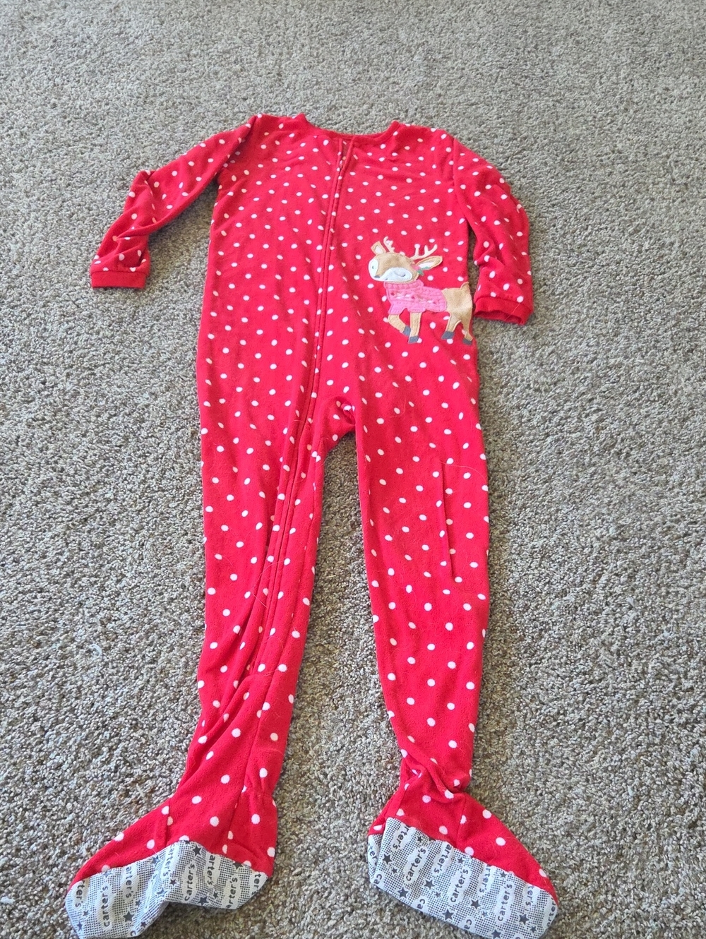 Carter's Red Polka Dot Footed One-Piece with Reindeer Applique